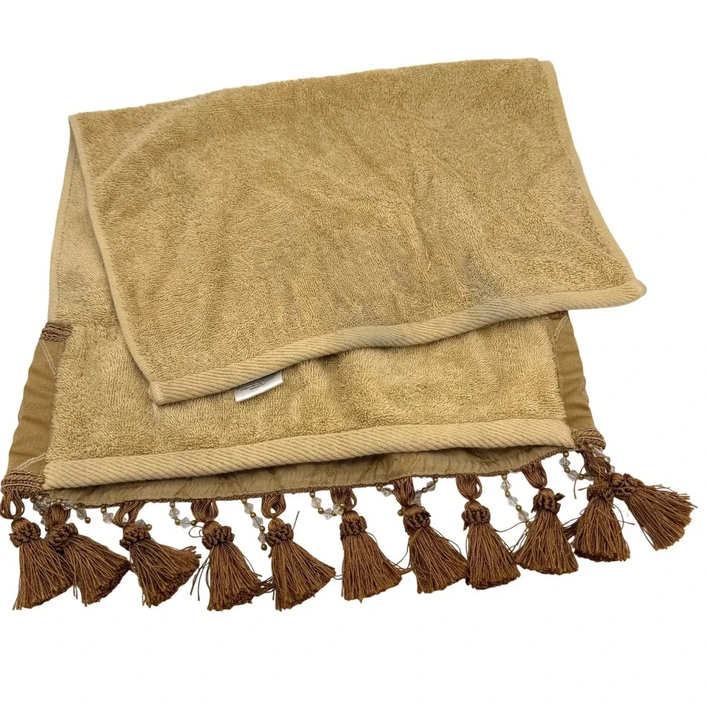 Vtg Croscill 100% Cotton Hand Towel 14x25 Tan Tassel Beaded Border Decorative